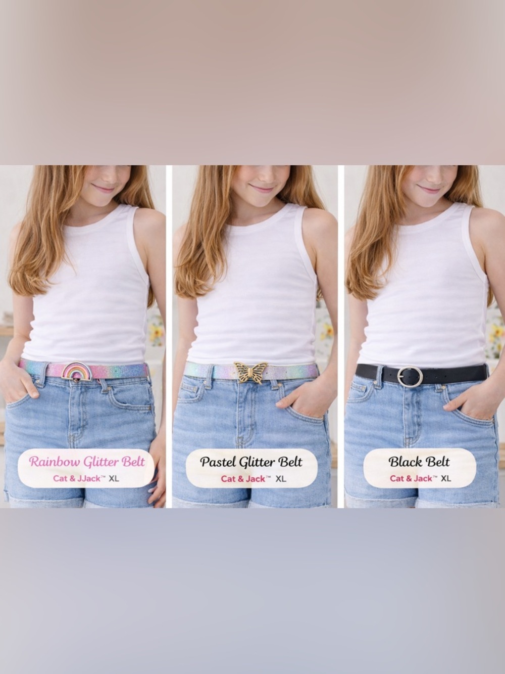 Cat & Jack Girls 3-Pack Belts XL Glitter Rainbow Butterfly & Black Ring Size XL